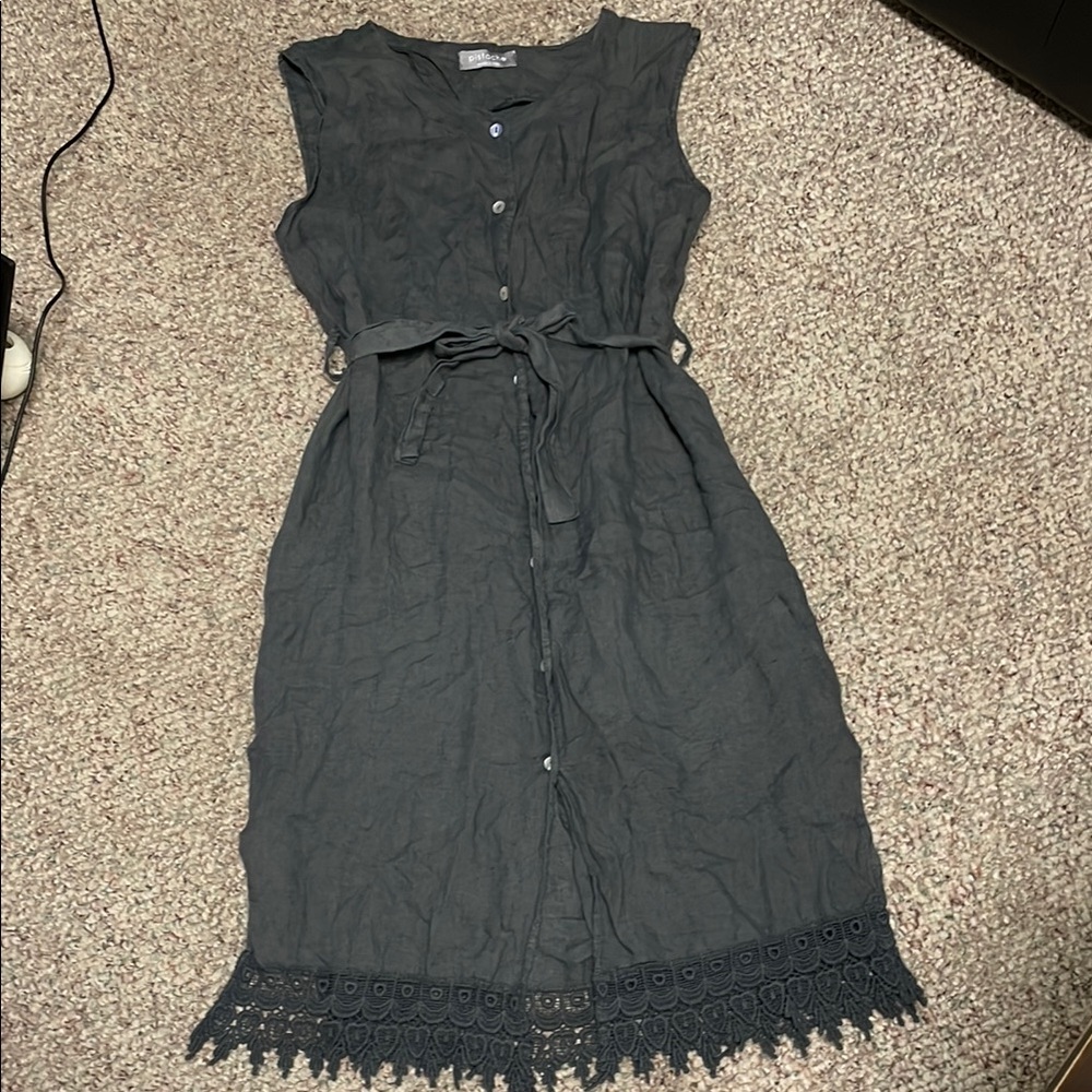 100% linen and lace Gray Sleeveless midi Dress - Picture 1 of 11